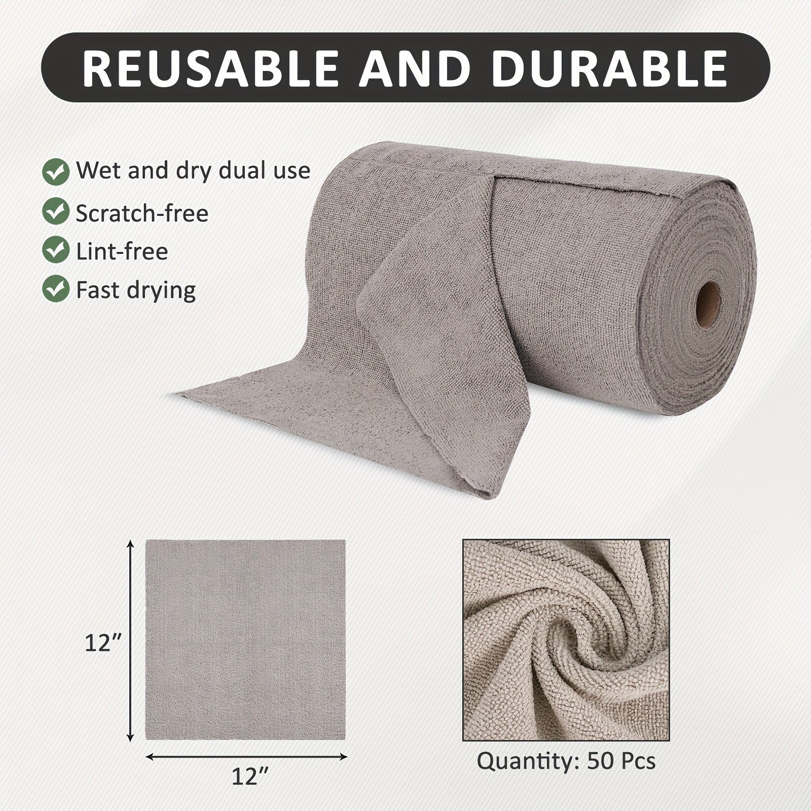 50 Pack Washable Reusable Cleaning Cloths Microfiber Towel Tear Away Cleaning Towels Roll 12×12 Absorbent Rags Drying Dishcloths For Kitchen House Car